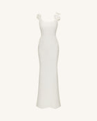 3D Floral Appliqué Satin Dress - White