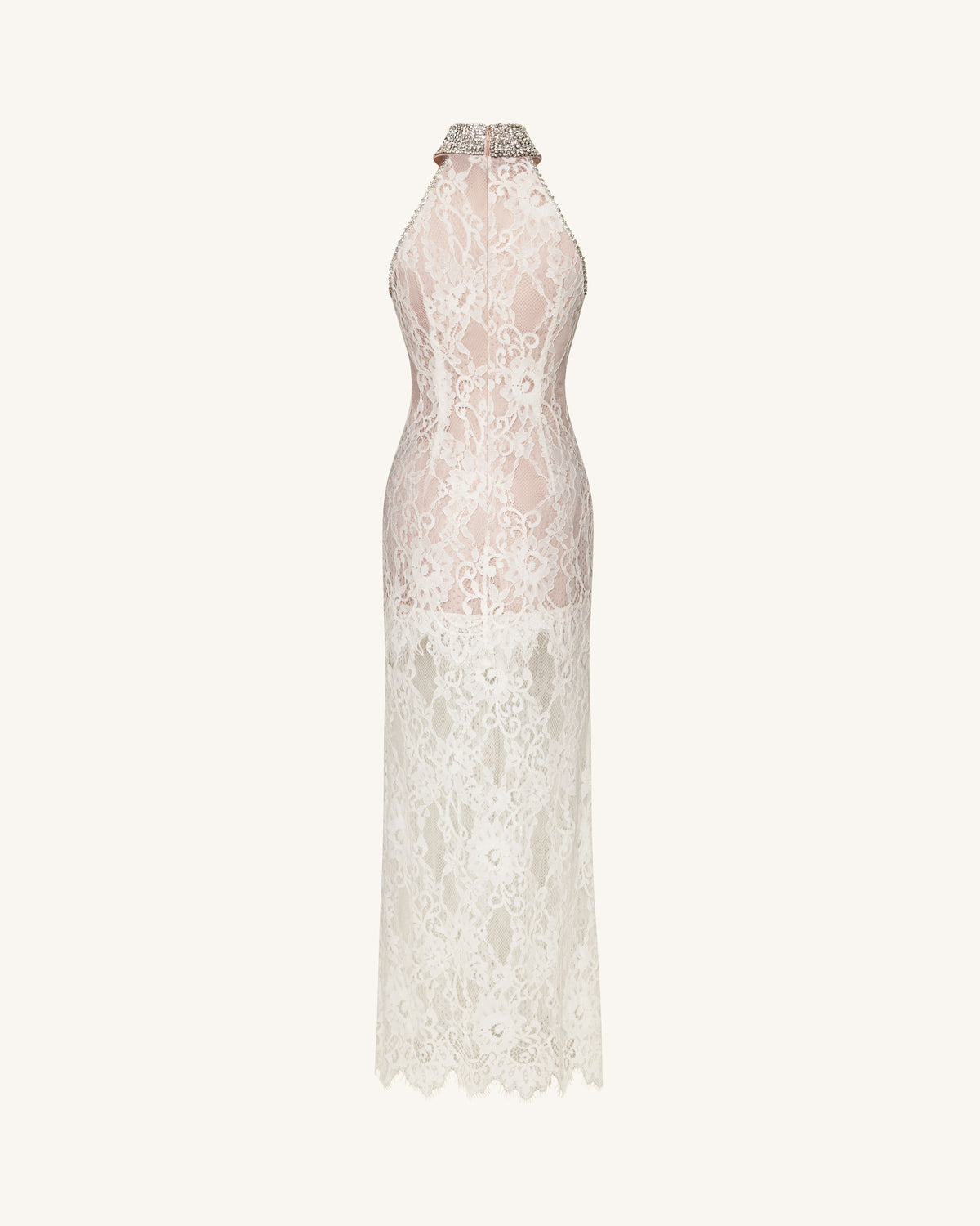 Jeweled Lace Halter Dress - White