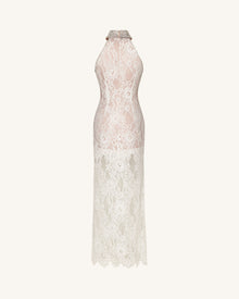 Jeweled Lace Halter Dress - White