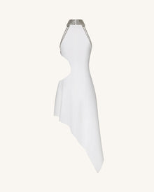 Jeweled Floral Cutout High Neck Dress - White