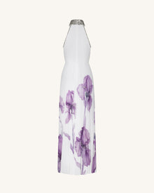 Jeweled-neck Halter Pleated Iris Print Maxi Dress - White/Purple