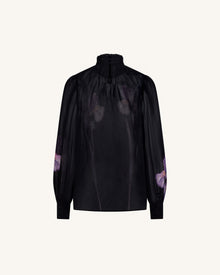 Iris Print Sheer High Neck Blouse - Black/Purple