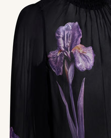 Iris Print Sheer High Neck Blouse - Black/Purple