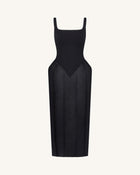 Square Neck Pannier Midi Dress - Black