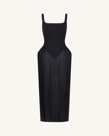 Square Neck Pannier Midi Dress - Black