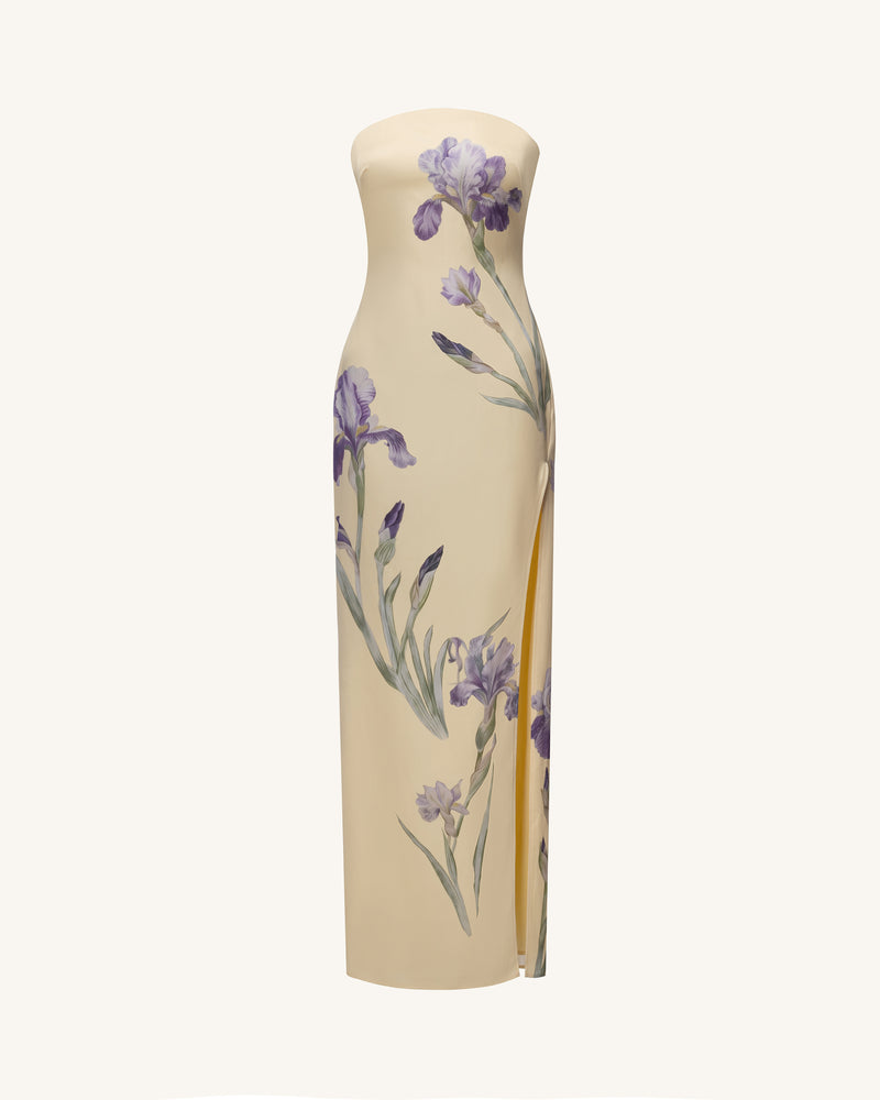 Iris Print Strapless Satin Slit Maxi Dress - Soft Yellow