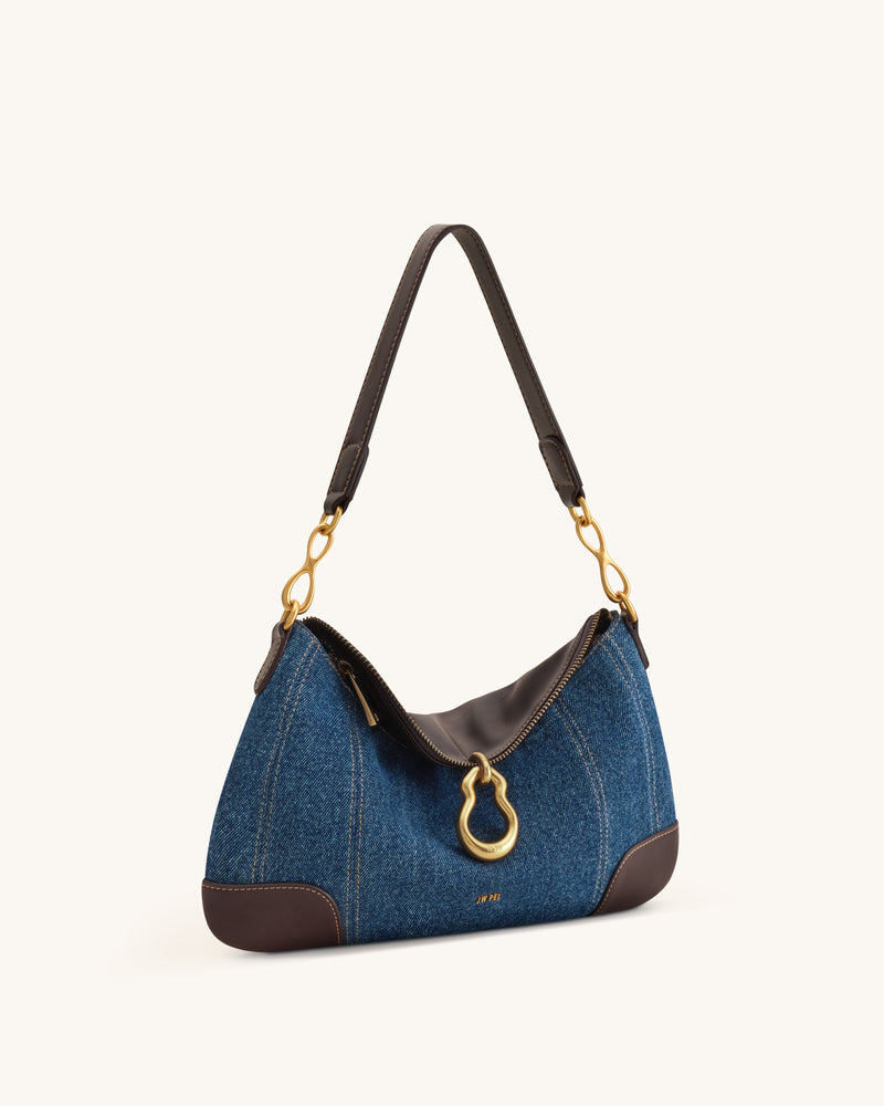 Jayla Metal Pendant Embellished Shoulder Bag - Blue Denim