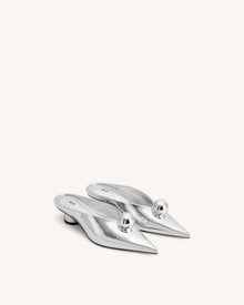Helena Sphere Embellished Pointed Toe Mules - Silver