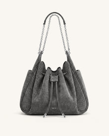 Rowan Faux Suede Drawstring Chain Bucket Bag - Smog Gray Croc