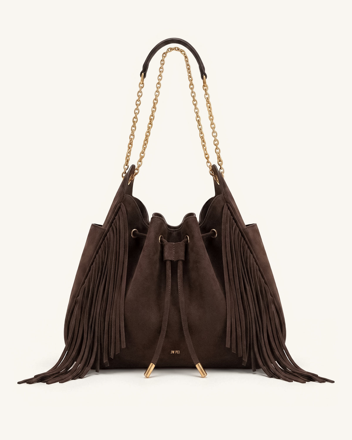 Rowan Faux Suede Tassel Ruched Drawstring Chain Bucket Bag - Amber Brown