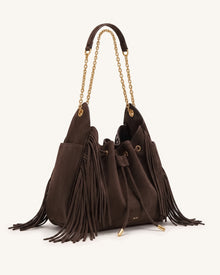 Rowan Faux Suede Tassel Ruched Drawstring Chain Bucket Bag - Amber Brown