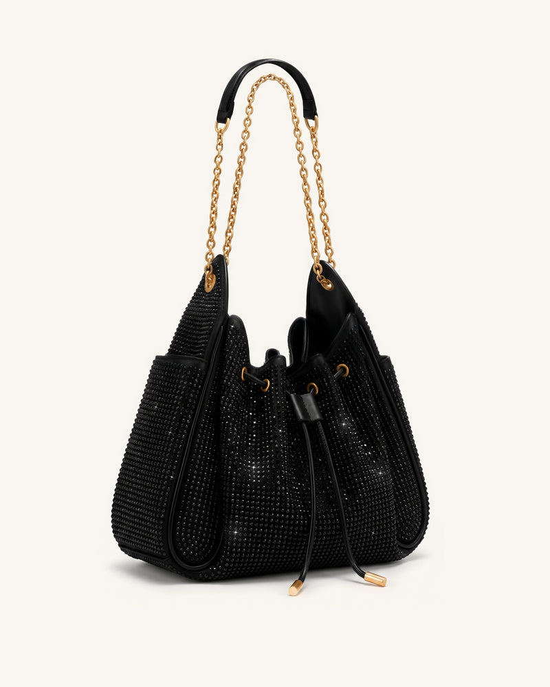 Rowan Artificial Crystal Ruched Drawstring Chain Bucket Bag - Obsidian