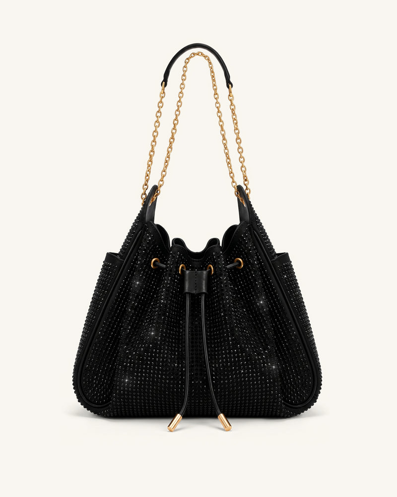 Rowan Artificial Crystal Ruched Drawstring Chain Bucket Bag - Obsidian