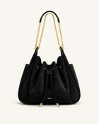 Rowan Faux Suede Drawstring Chain Bucket Bag - Cool Black Croc