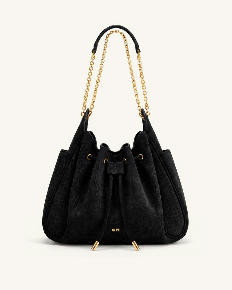 Rowan Faux Suede Drawstring Chain Bucket Bag - Cool Black Croc