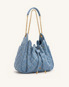 Rowan Ruched Quilting Drawstring Chain Bucket Bag - Blue Denim