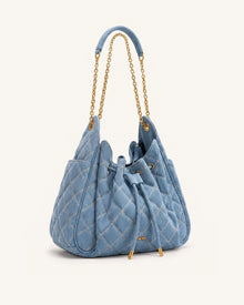 Rowan Ruched Quilting Drawstring Chain Bucket Bag - Blue Denim