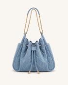 Rowan Ruched Quilting Drawstring Chain Bucket Bag - Blue Denim