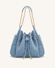 Rowan Ruched Quilting Drawstring Chain Bucket Bag - Blue Denim