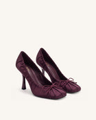 Solenne Satin Bow Ruched Pumps - Burgundy