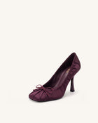 Solenne Satin Bow Ruched Pumps - Burgundy