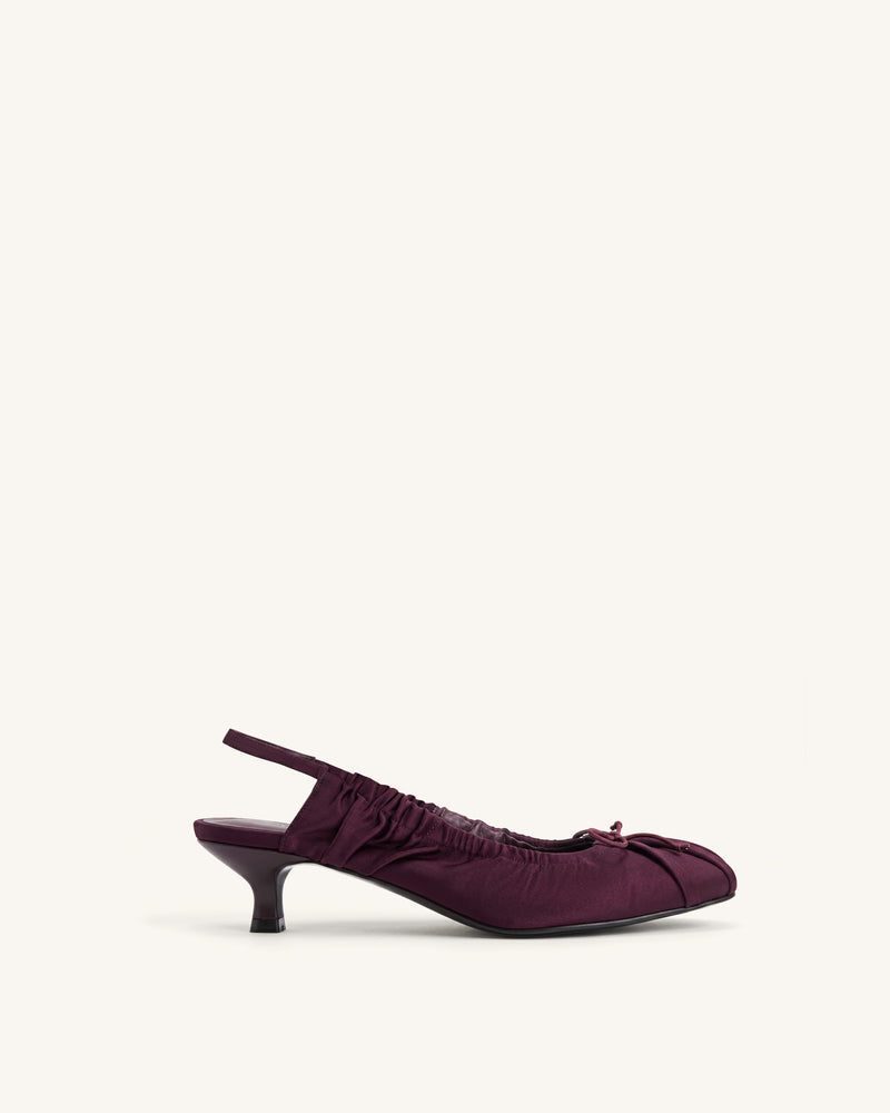 Solenne Satin Bow Ruched Slingback Pumps - Burgundy