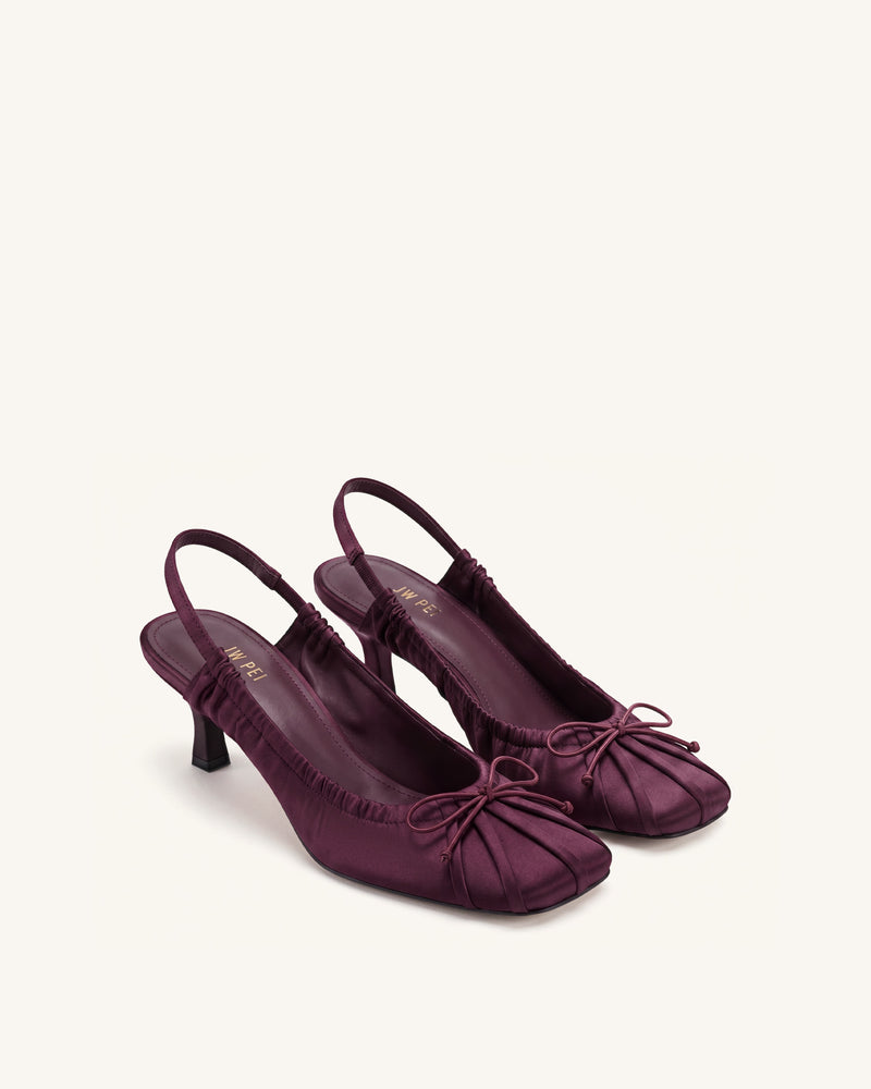 Solenne Satin Bow Ruched Slingback Pumps - Burgundy