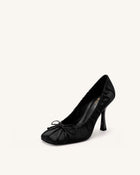 Solenne Satin Bow Ruched Pumps - Black