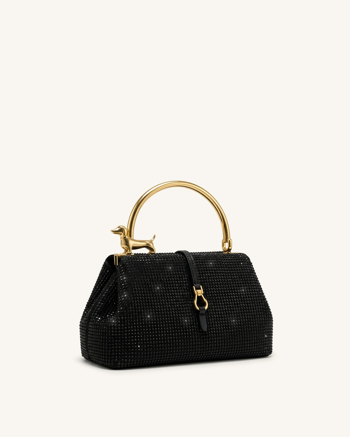 Bruna Artificial Crystal Dachshund Metal Handle Top Handle Bag - Black