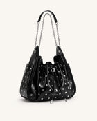 Rowan Studded Ruched Drawstring Chain Bucket Bag - Shiny Black