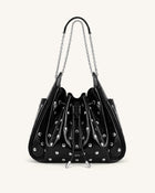 Rowan Studded Ruched Drawstring Chain Bucket Bag - Shiny Black