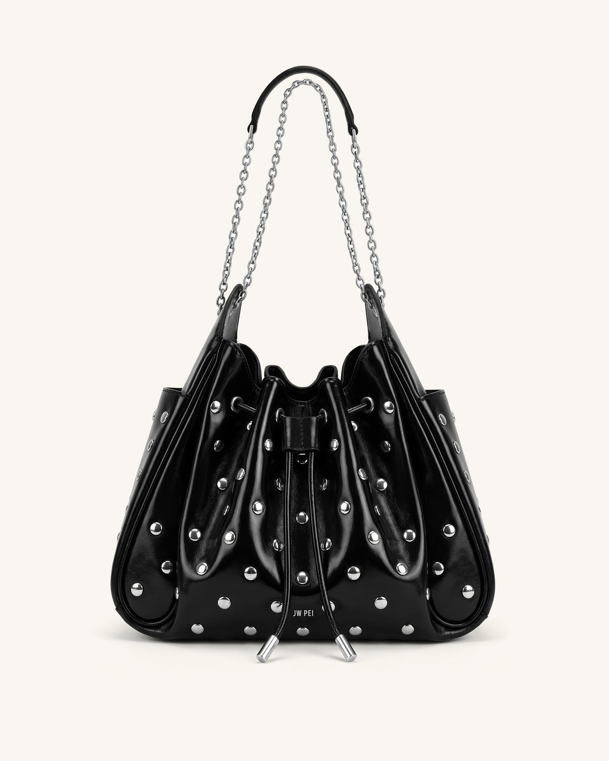 Rowan Studded Ruched Drawstring Chain Bucket Bag - Shiny Black