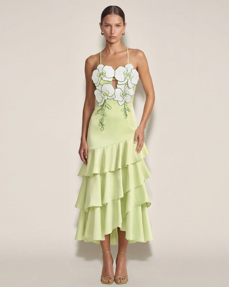 Orchid Embellished Ruffle Midi Dress - Light Green