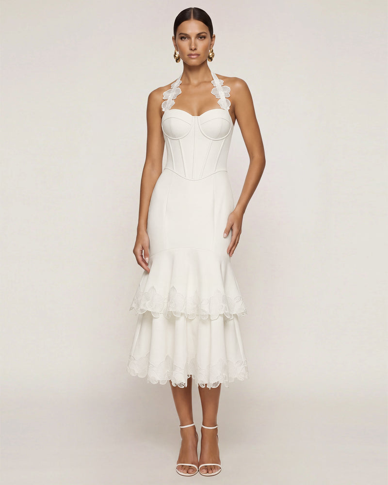 Orchid Embroidered Halter Corset Midi Dress - White