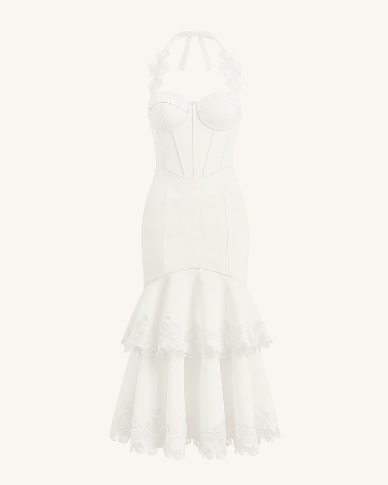 Orchid Embroidered Halter Corset Midi Dress - White