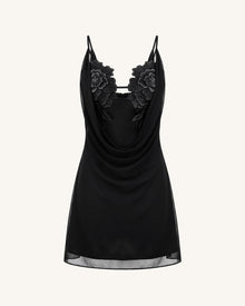 Flower Embroidered Cowl Neck Mini Dress - Black
