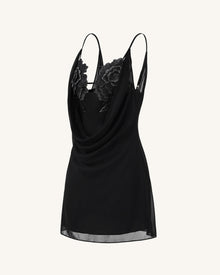 Flower Embroidered Cowl Neck Mini Dress - Black