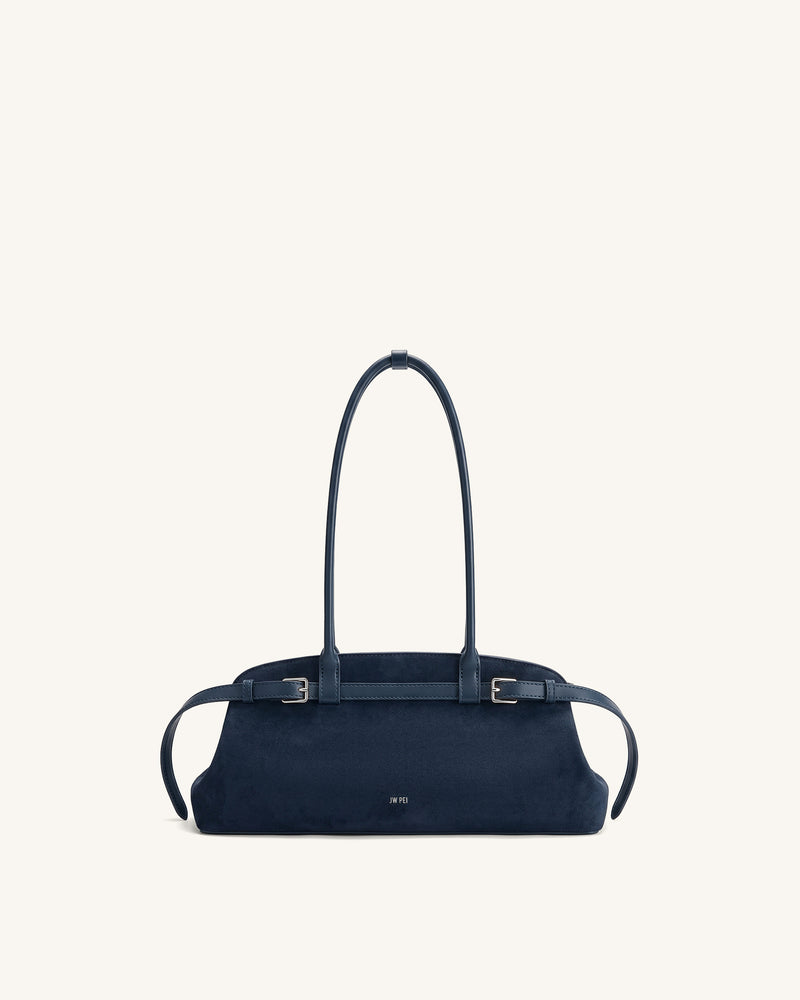 Arden Faux Suede Belt Detail East-West Shoulder Bag - Navy Blue