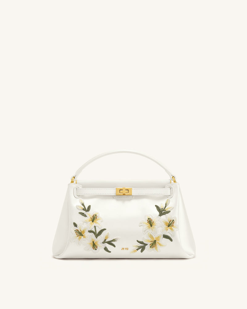 Carmen Lily Embroidery Top Handle Bag - Ivory White