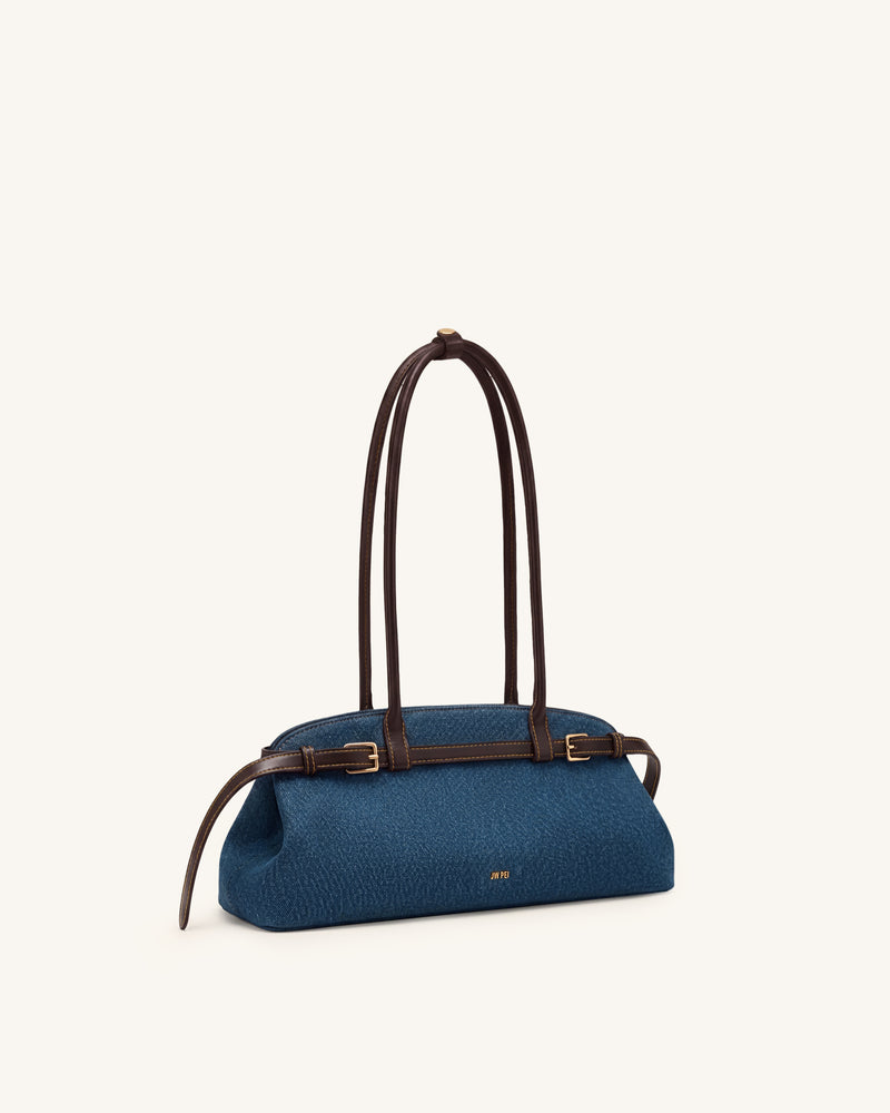 Arden Belt Detail East-West Shoulder Bag - Blue Denim