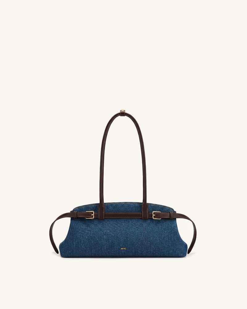 Arden Belt Detail East-West Shoulder Bag - Blue Denim