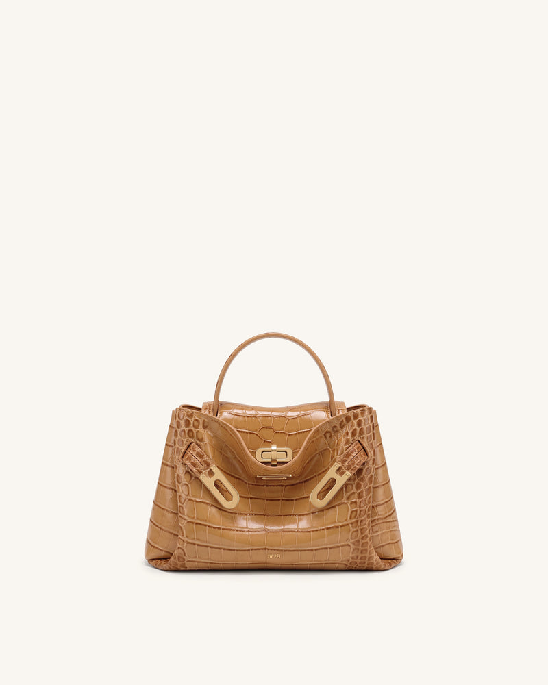 Rhea Small Double Buckle Shoulder Bag - Light Brown Croc
