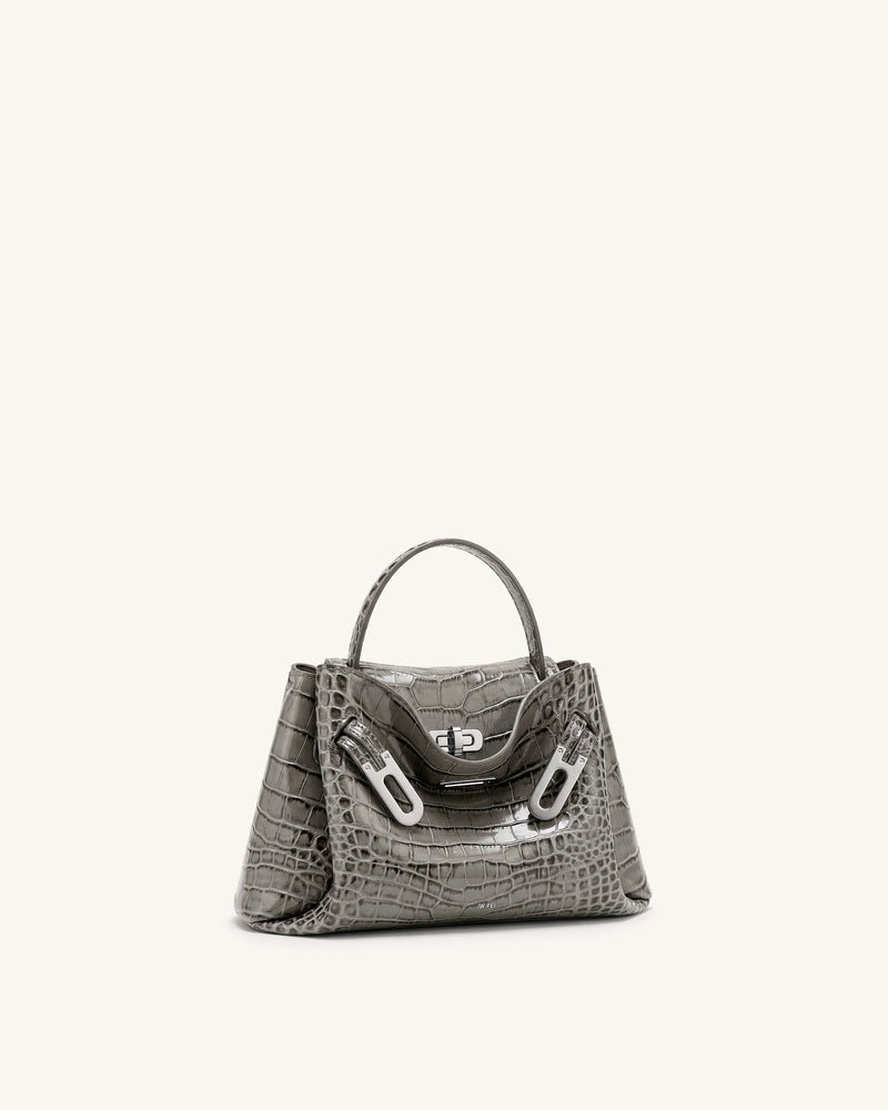 Rhea Small Double Buckle Shoulder Bag - Grey Croc