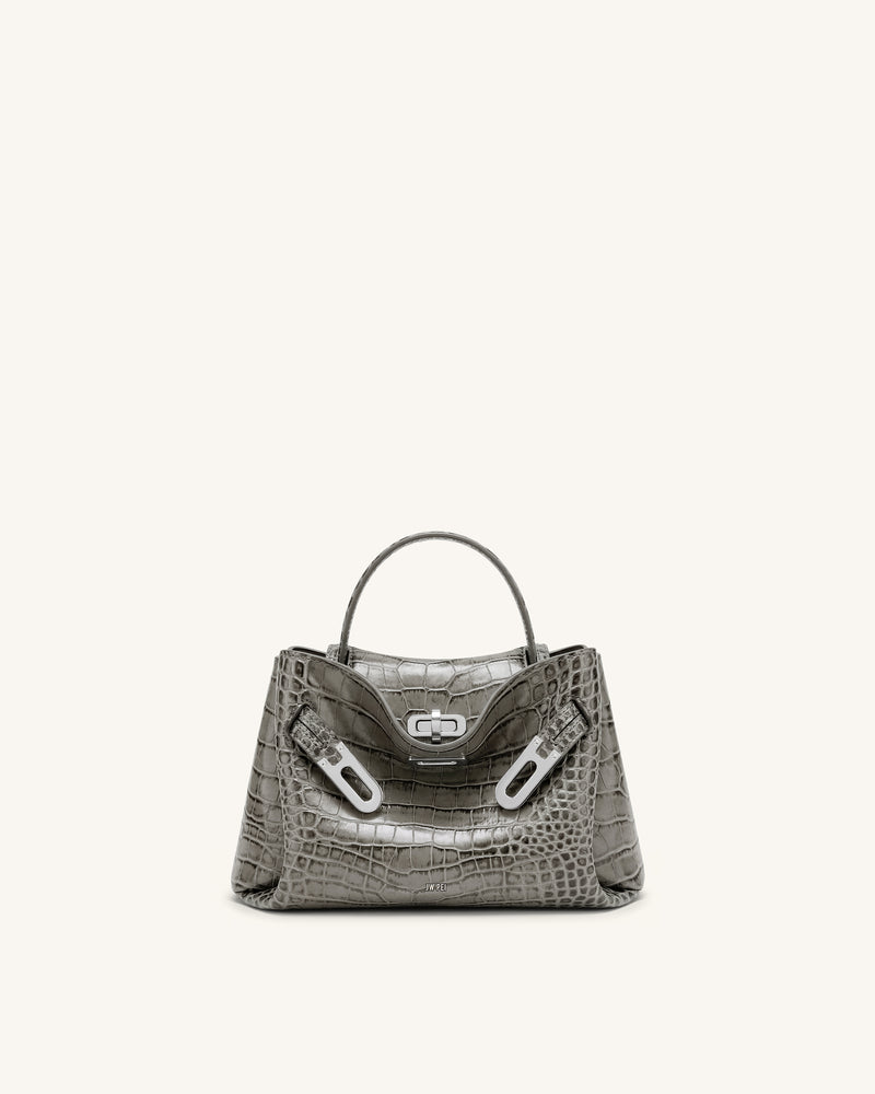 Rhea Small Double Buckle Shoulder Bag - Grey Croc