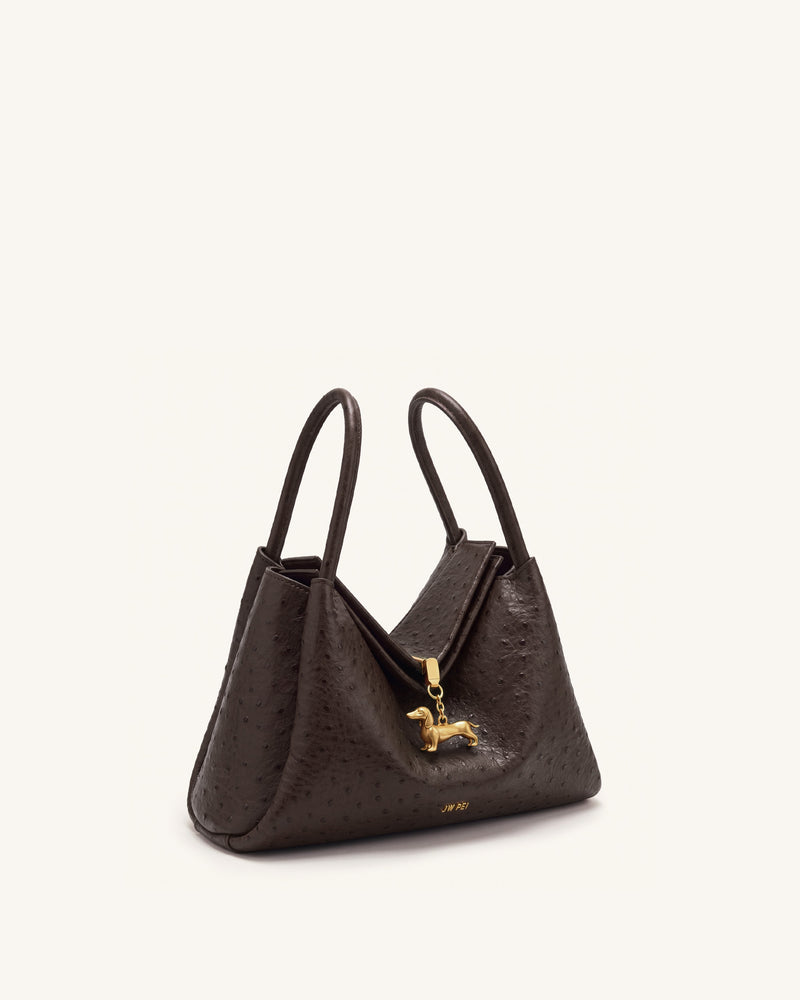 Maelle Faux Ostrich Grain Dachshund Charm Double Handle Bag - Dark Brown