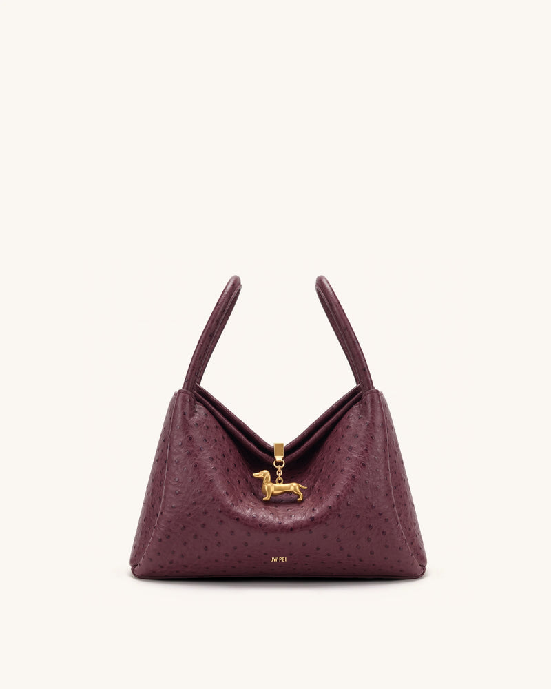 Maelle Faux Ostrich Grain Dachshund Charm Double Handle Bag - Berry Red