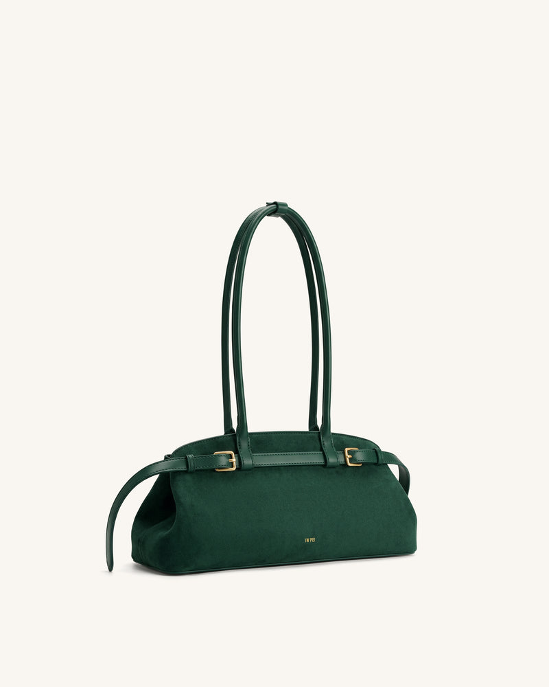 Arden Faux Suede Belt Detail East-West Shoulder Bag - Dark Green