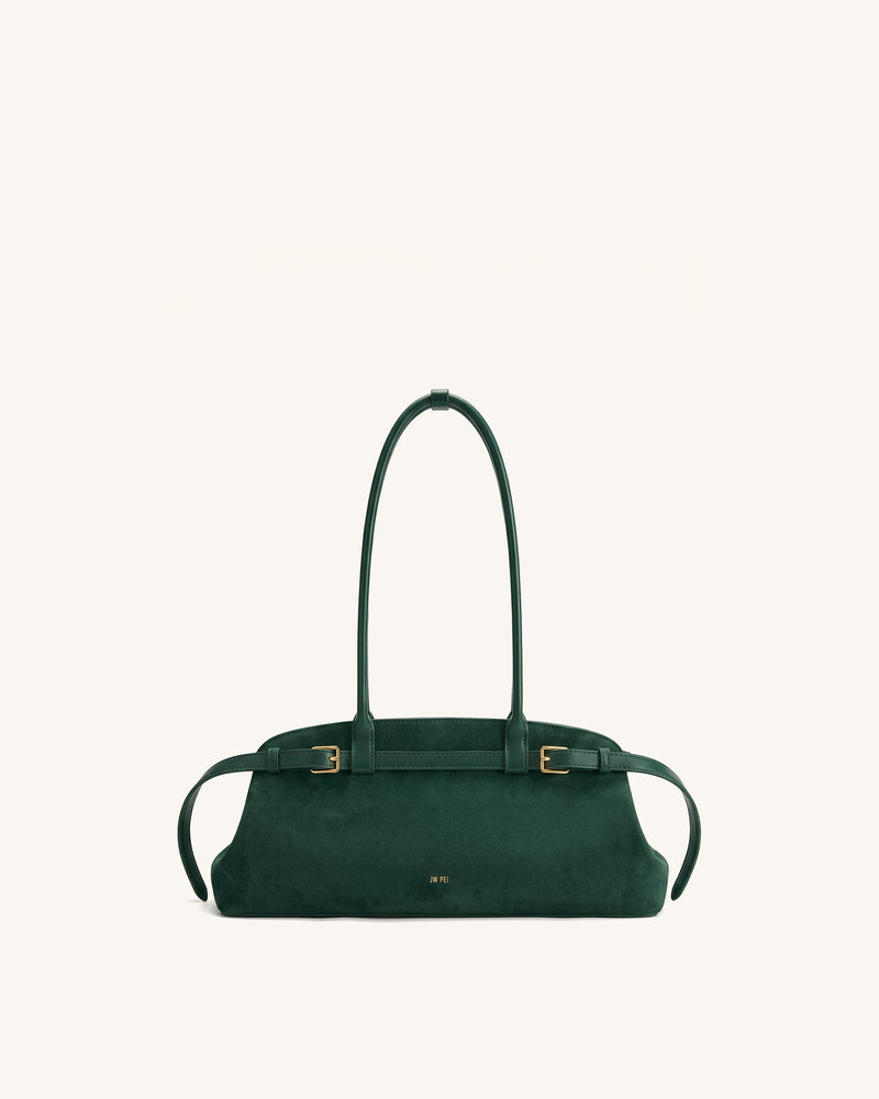Arden Faux Suede Belt Detail East-West Shoulder Bag - Dark Green