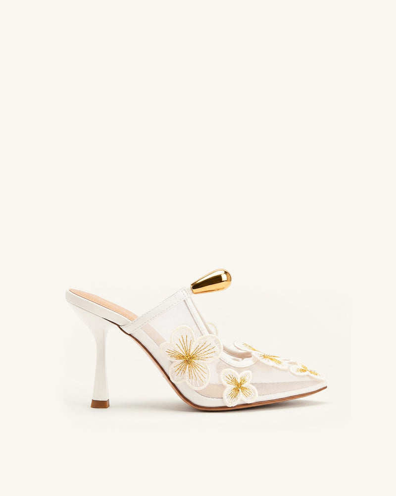 Mireille Pierced Floral Embroidered Appliqué Mesh Mules - Ivory