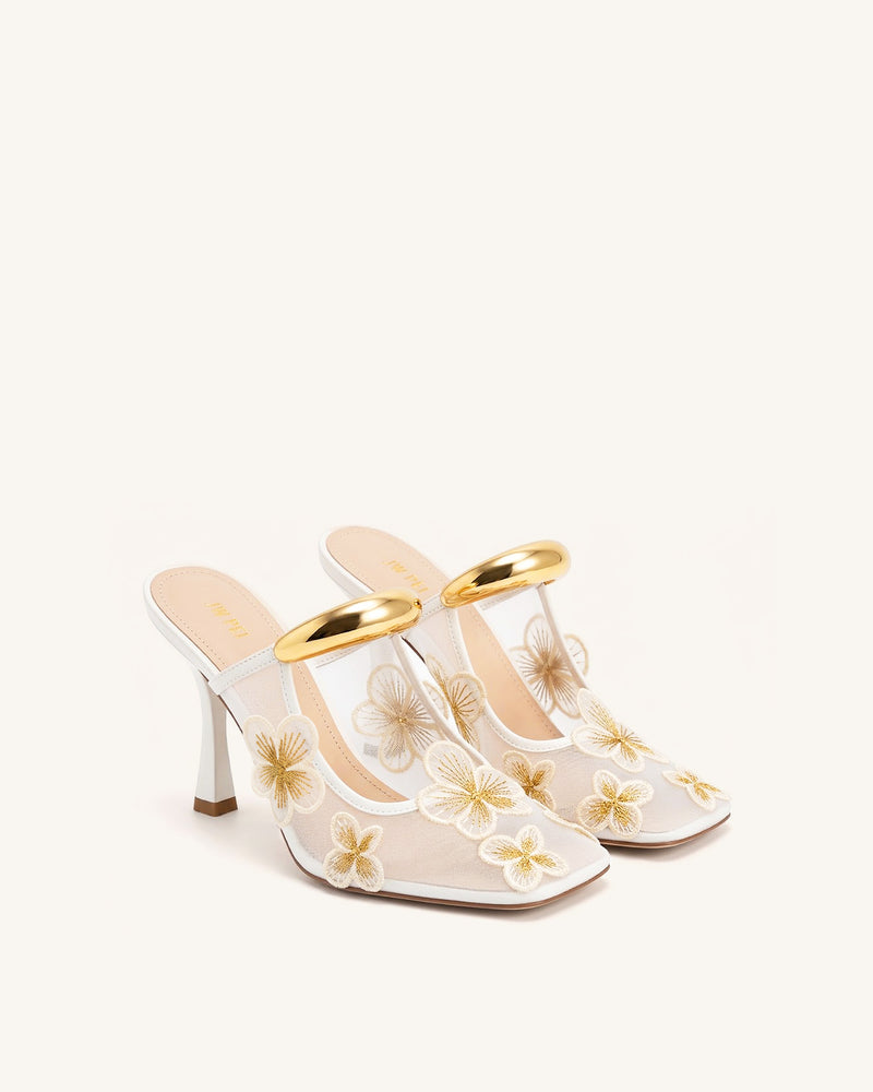 Mireille Pierced Floral Embroidered Appliqué Mesh Mules - Ivory